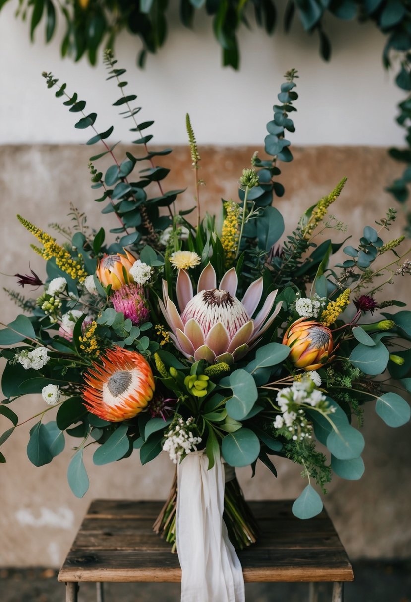 A lush, colorful bouquet of protea, eucalyptus, and wildflowers arranged in a rustic, bohemian style