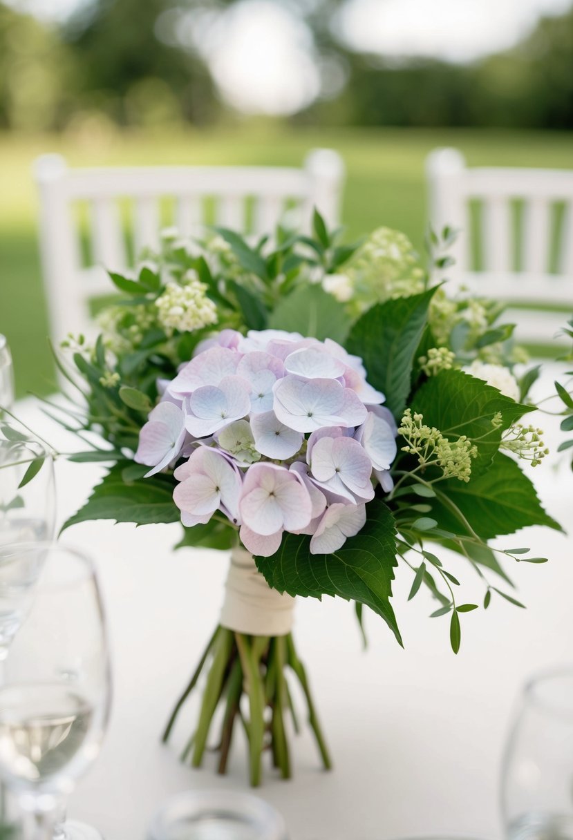 A single hydrangea nestled among delicate greenery in a small wedding bouquet