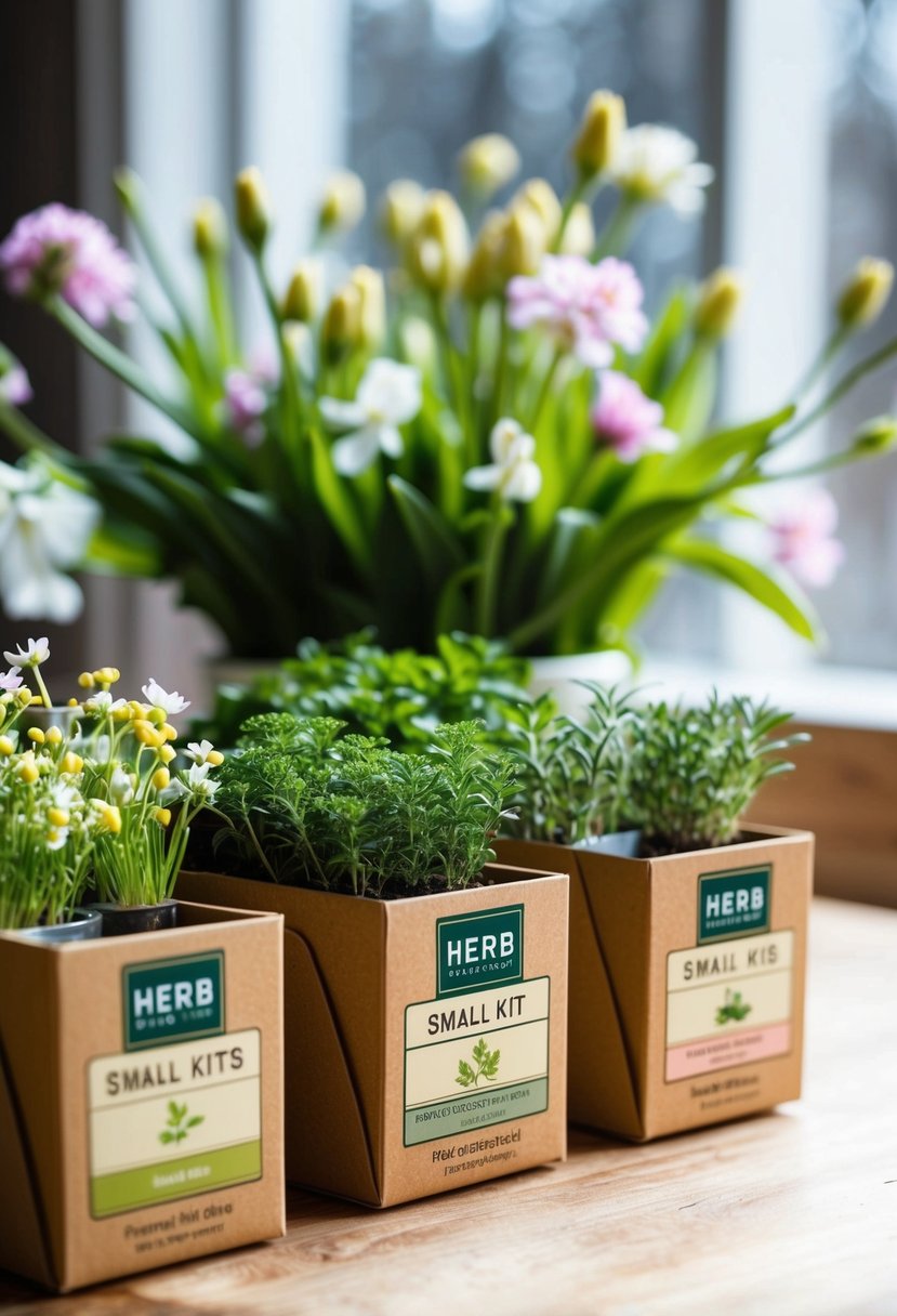 A table adorned with small herb kits, nestled among delicate spring flowers