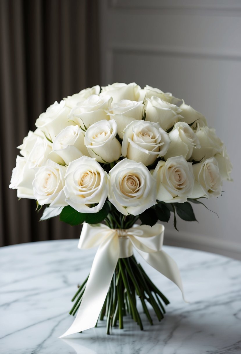 A pristine bouquet of white roses, tied with satin ribbon, sits on a marble table