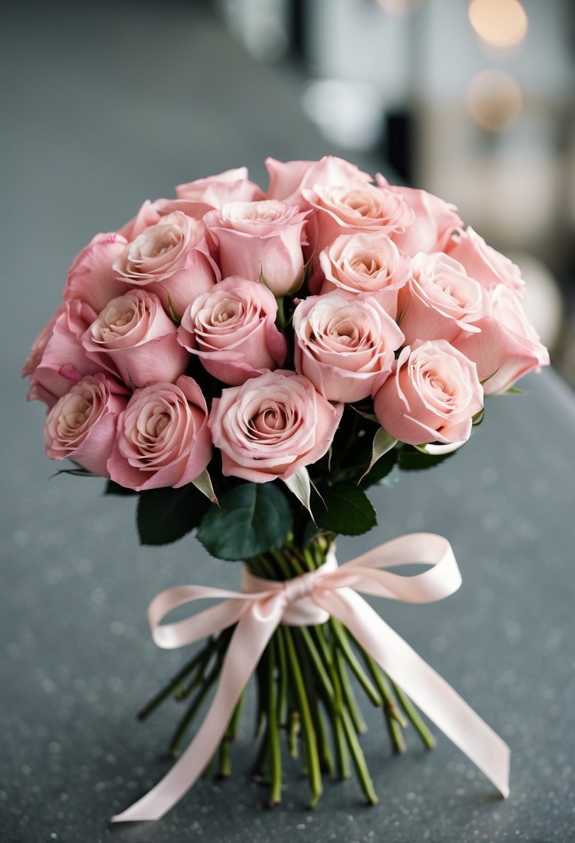 A delicate bundle of blush roses tied with ribbon