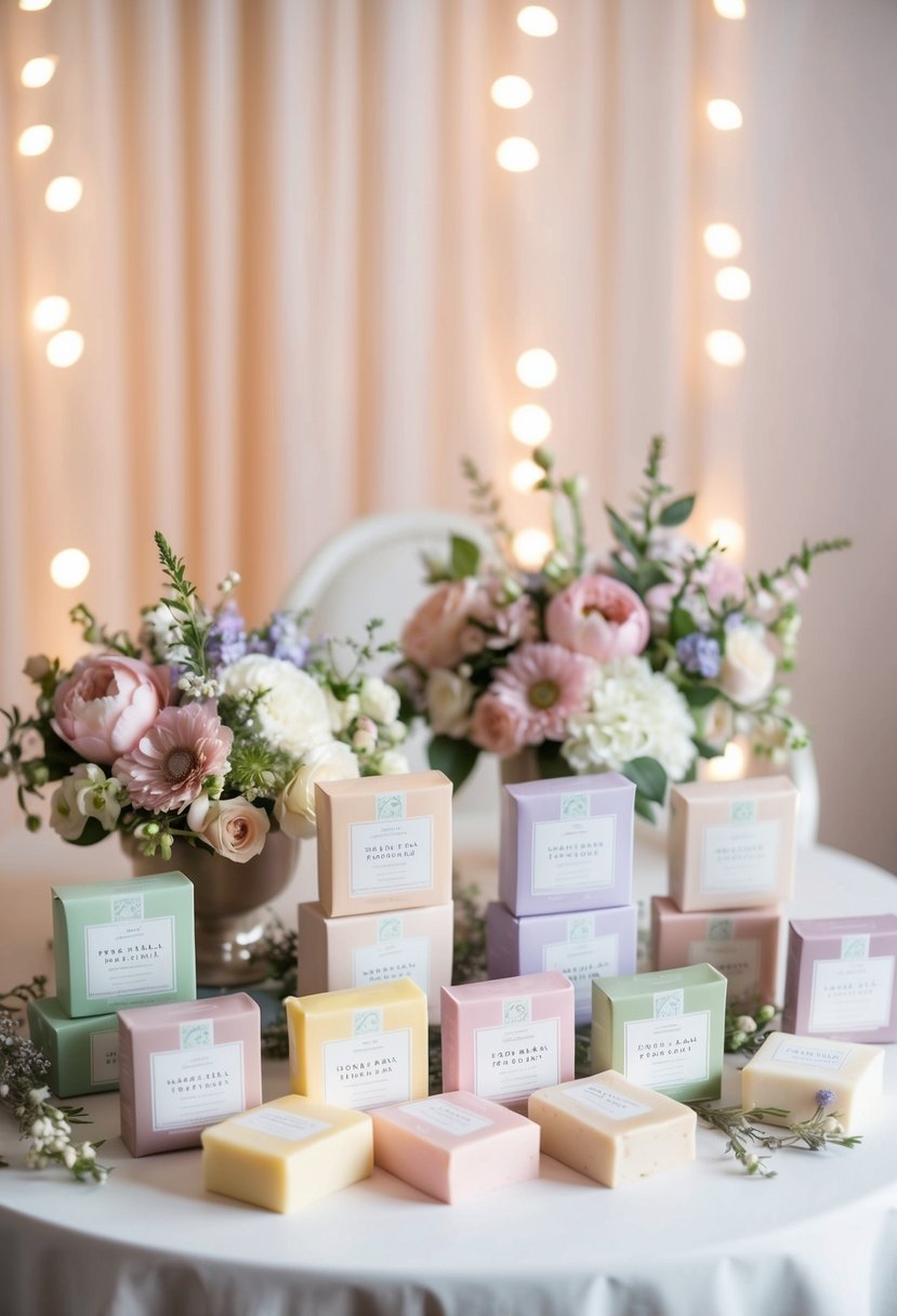 A table adorned with pastel-colored scented soaps, delicate floral arrangements, and elegant packaging, set against a backdrop of soft, romantic lighting