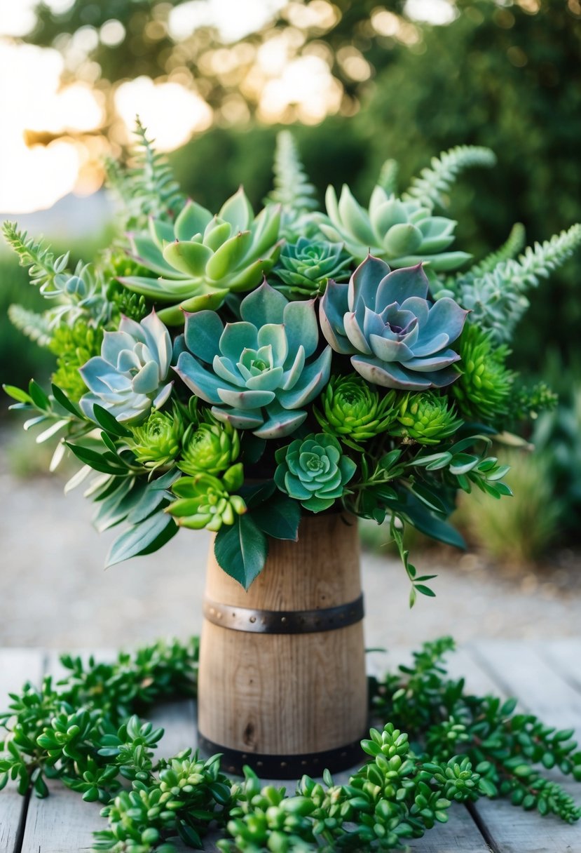 A lush bouquet of succulents and greenery, arranged in a rustic, wooden vase