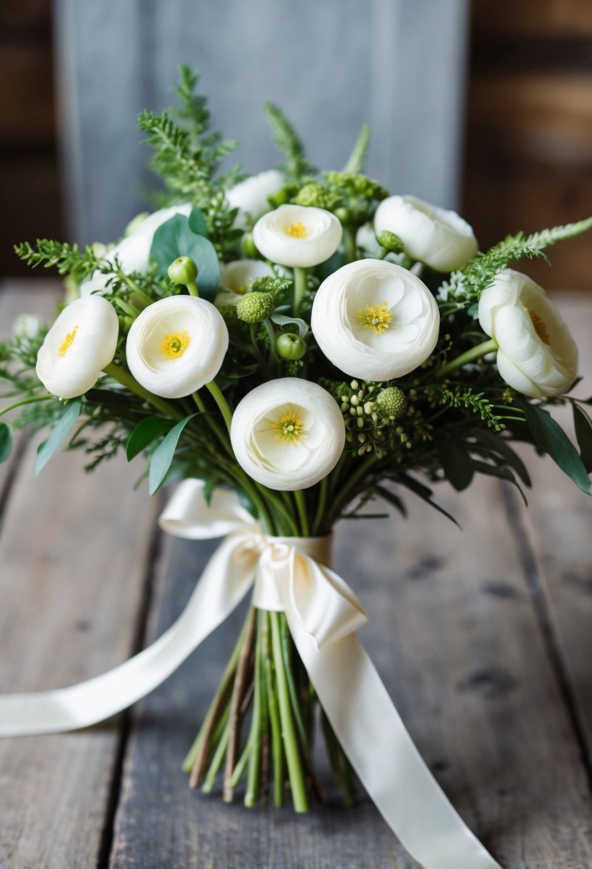 A delicate bouquet of ranunculus and greenery, tied with a satin ribbon, sitting on a rustic wooden table