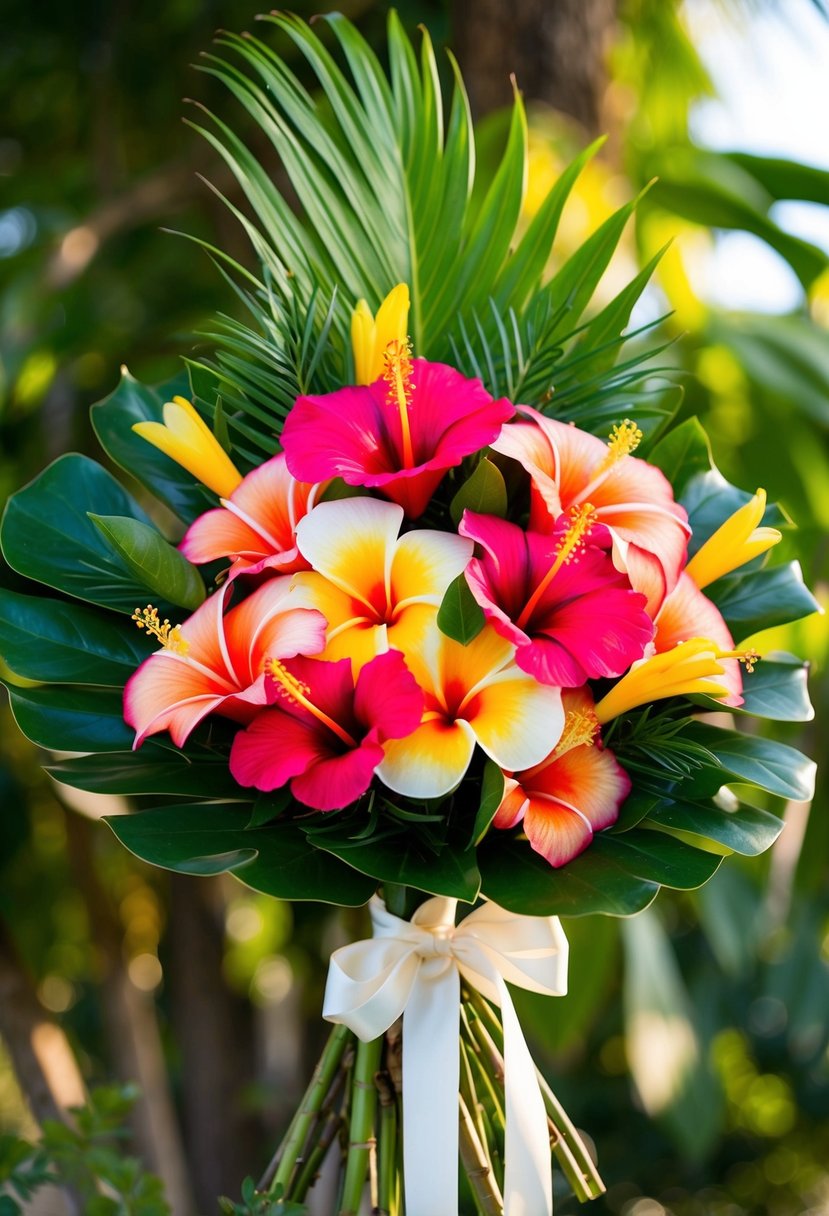 A vibrant bouquet of tropical hibiscus, frangipani, and lush greenery, tied with a flowing ribbon