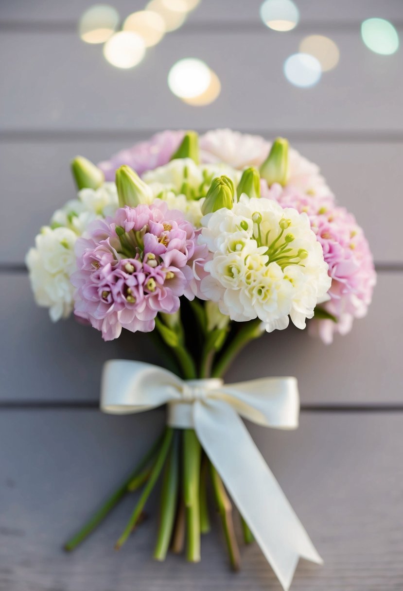 A small, elegant bouquet of lisianthus flowers in soft pastel colors, tied together with a simple satin ribbon