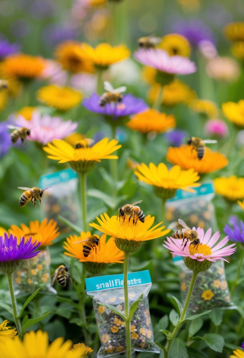 A colorful array of wildflowers blooms from small seed packets, with buzzing bees flitting among the blossoms