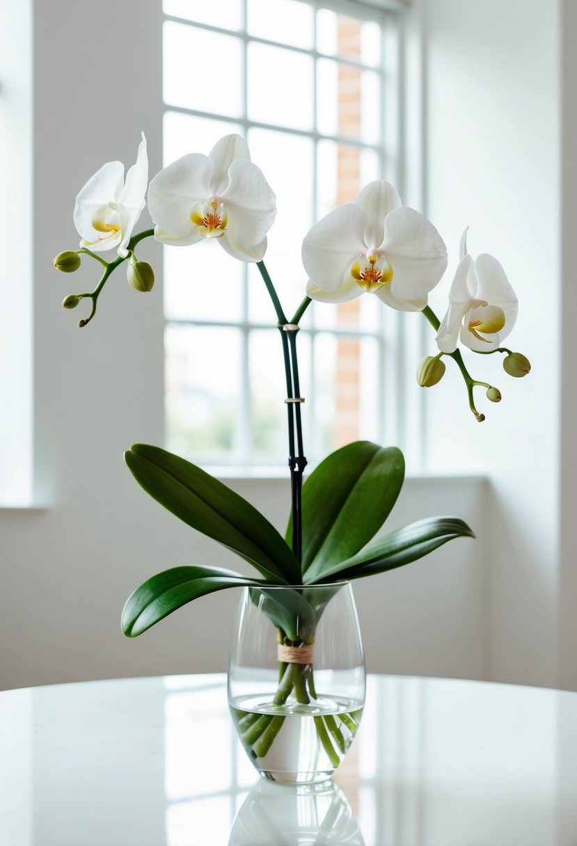 A single stem white orchid in a clear glass vase on a clean, white table