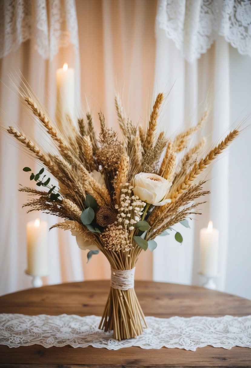 A wooden table adorned with a rustic wheat and dried blooms wedding bouquet, set against a backdrop of vintage lace and soft candlelight