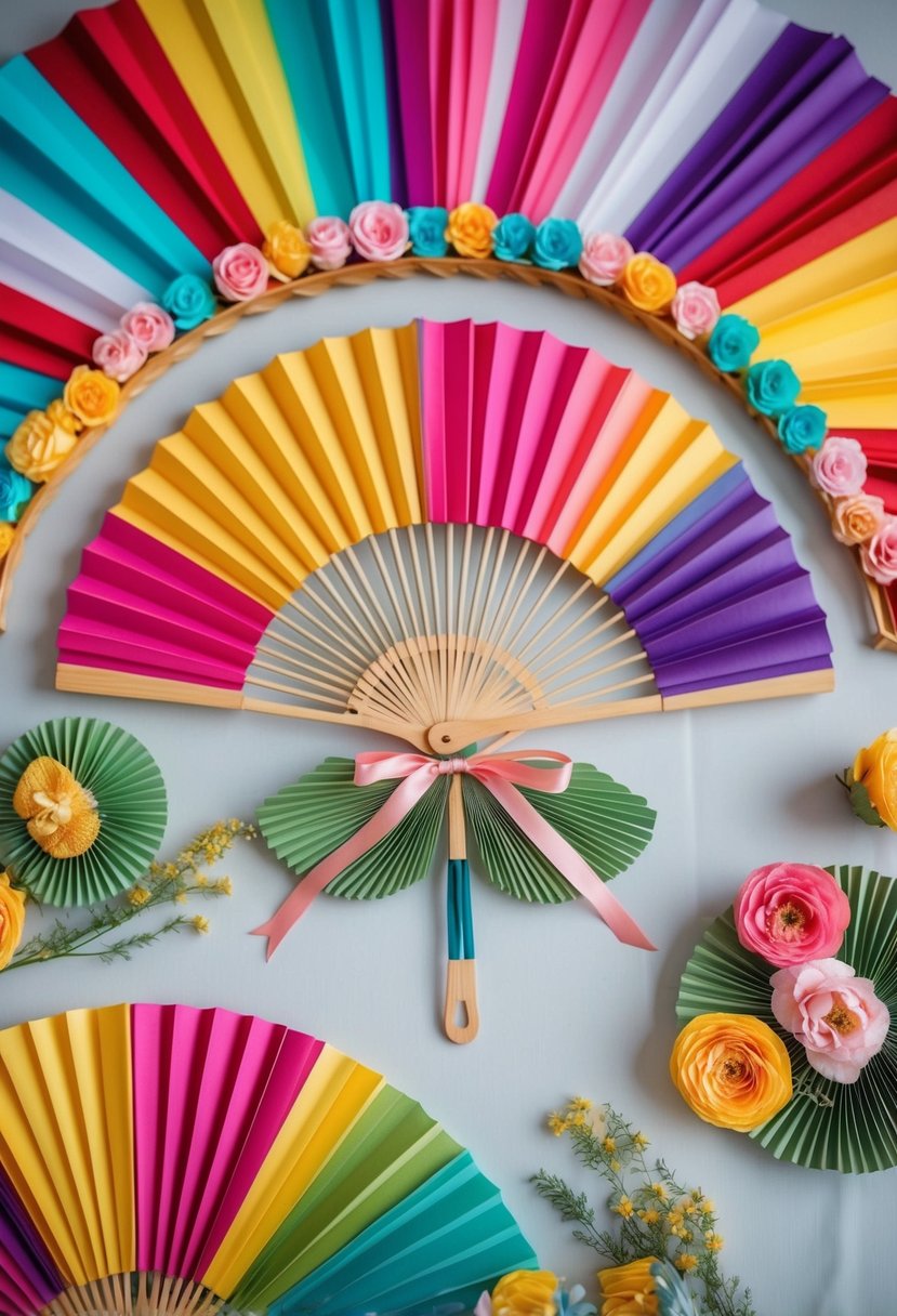 Colorful decorative fans arranged on a table with delicate floral accents and ribbon bows