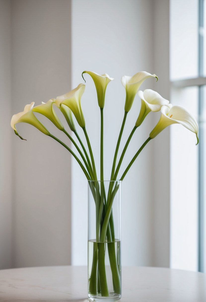 A sleek, minimalist bouquet of calla lilies in a simple glass vase