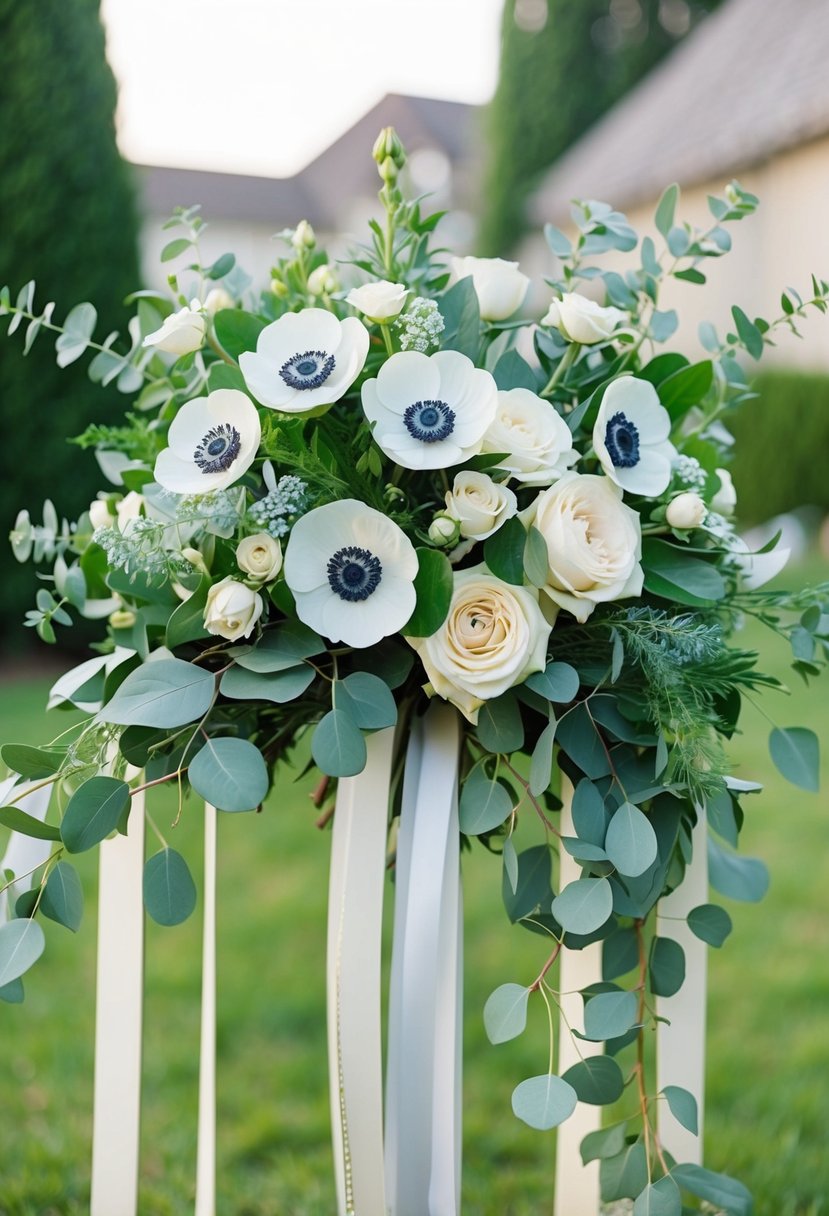 A lush bouquet of anemones, eucalyptus, and garden roses arranged in a cascading style, with delicate greenery and trailing ribbons