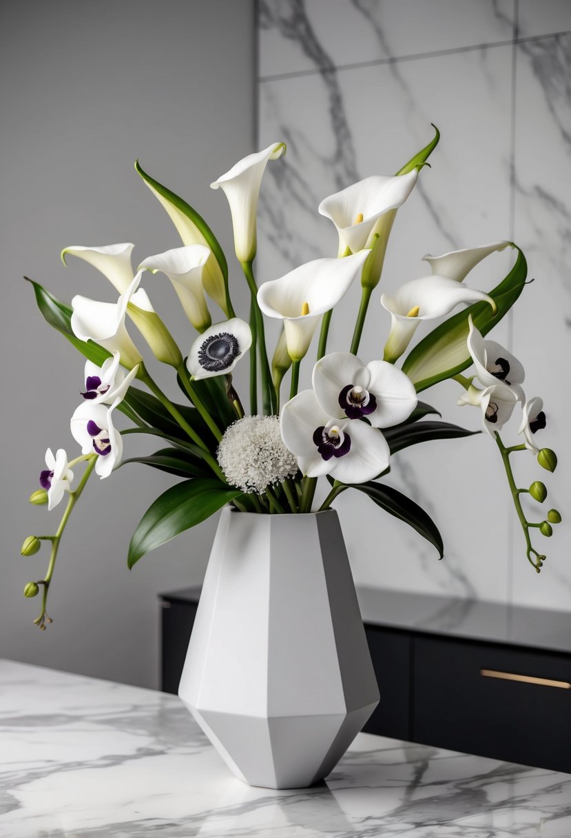 A sleek, monochromatic bouquet of calla lilies, anemones, and orchids in a modern, geometric vase on a marble tabletop