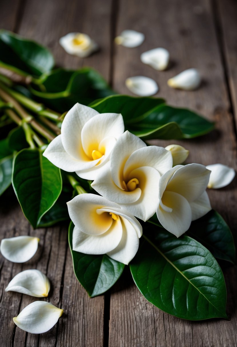 A delicate gardenia bouquet rests on a rustic wooden table, surrounded by scattered petals and lush green foliage