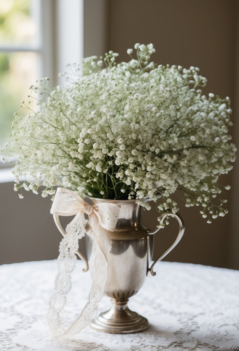 A delicate, cascading bouquet of baby's breath tied with lace ribbon, nestled in a vintage silver vase on a lace tablecloth