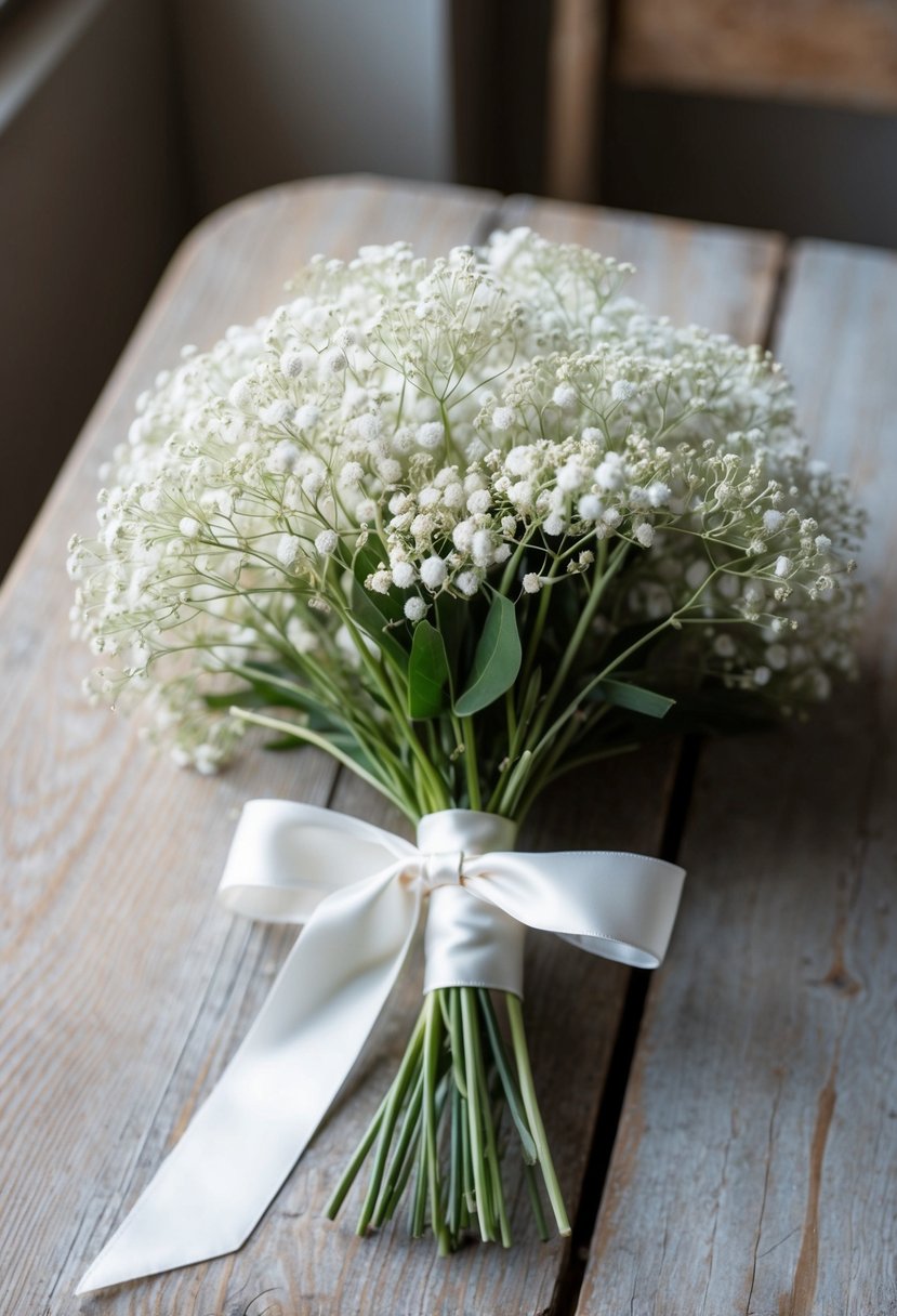 A delicate bouquet of baby's breath tied with a satin ribbon rests on a weathered wooden table, surrounded by soft natural light