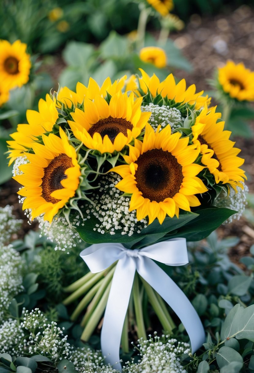 A bouquet of sunflowers tied with a ribbon, nestled in a bed of greenery and baby's breath