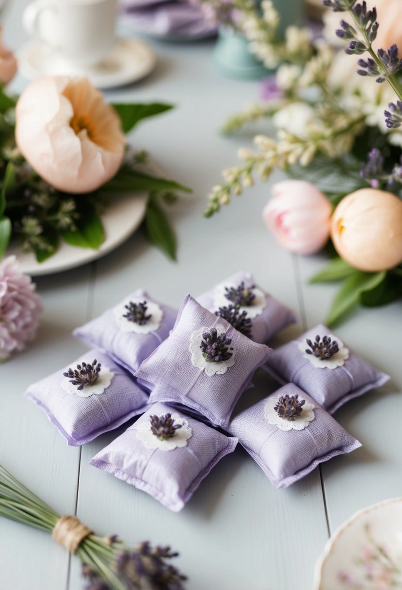 A table adorned with delicate lavender sachets, surrounded by pastel flowers and greenery