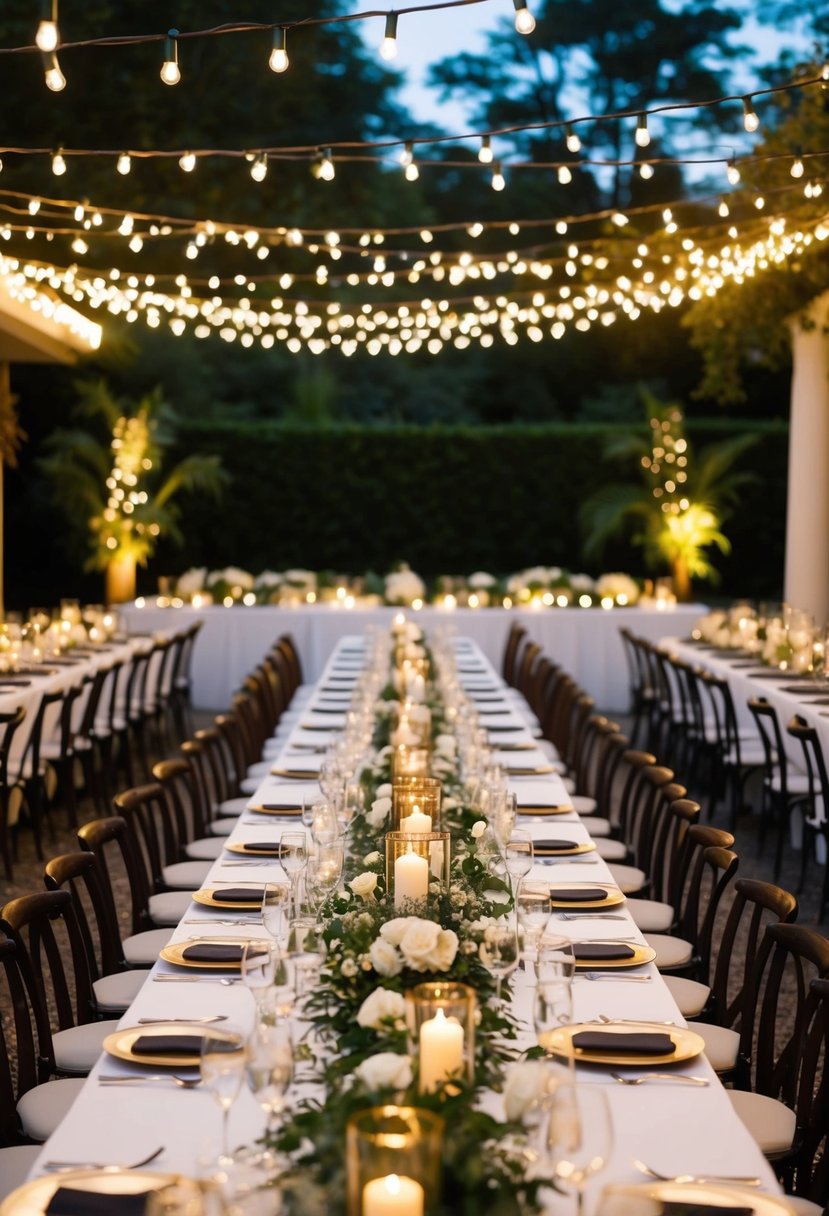 A beautifully decorated outdoor garden with twinkling lights, long banquet tables adorned with elegant centerpieces, and a warm, inviting atmosphere filled with laughter and joy