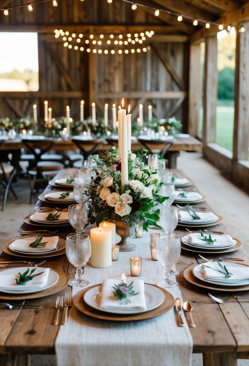 A rustic farm table set with elegant dinnerware, candles, and floral centerpieces for a wedding rehearsal dinner