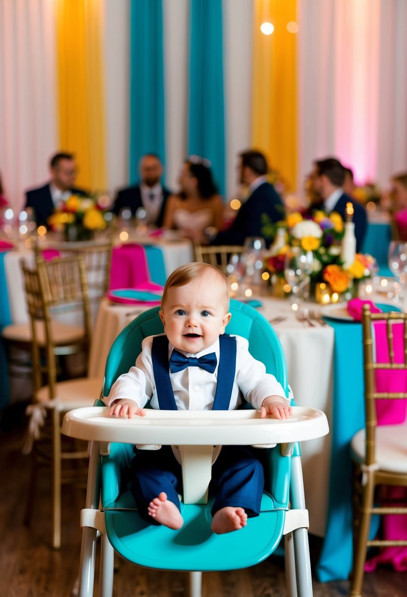 A baby sits in a high chair at a wedding reception, surrounded by colorful decorations and festive table settings