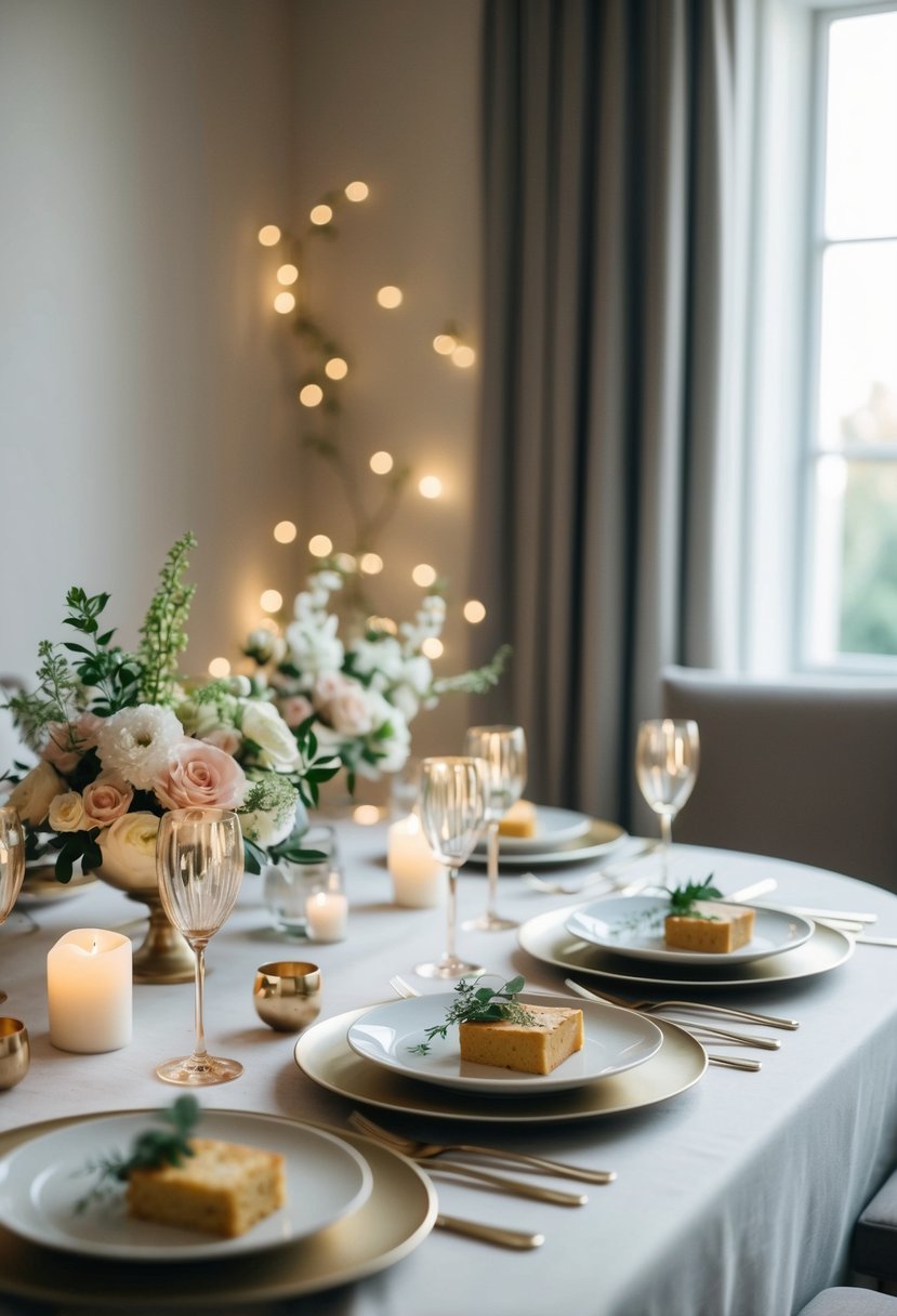 A beautifully set table with three elegant courses, surrounded by soft candlelight and delicate floral arrangements