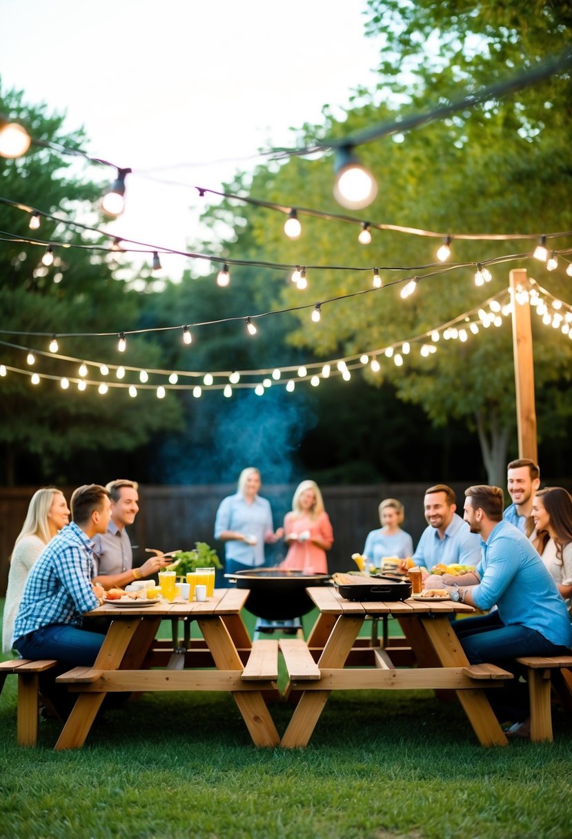 A backyard barbecue with string lights, picnic tables, and a grill surrounded by friends and family