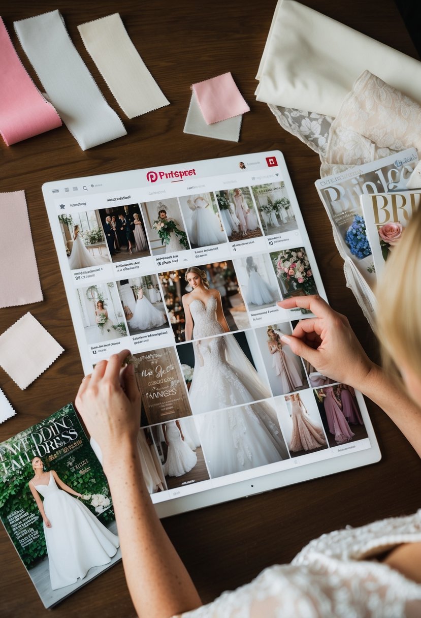 A bride-to-be browsing through a Pinterest board filled with various wedding dress ideas, surrounded by swatches of fabric and bridal magazines