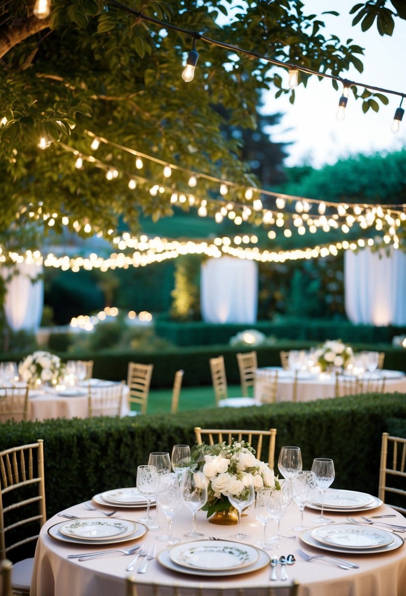 A lavish garden adorned with twinkling lights, lush greenery, and elegant tables set with fine china and crystal glassware