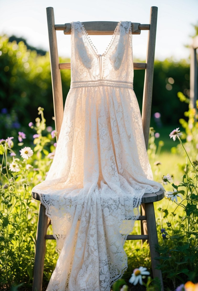 A bohemian lace gown draped over a rustic wooden chair in a sunlit garden. Wildflowers and greenery surround the dress, creating a whimsical and romantic atmosphere