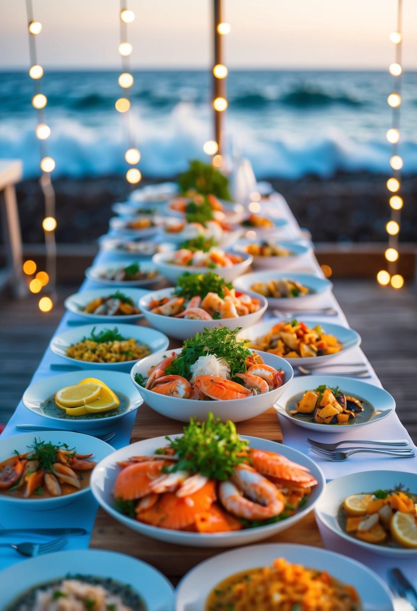 A seaside banquet with a variety of fresh seafood dishes, surrounded by twinkling lights and the sound of crashing waves