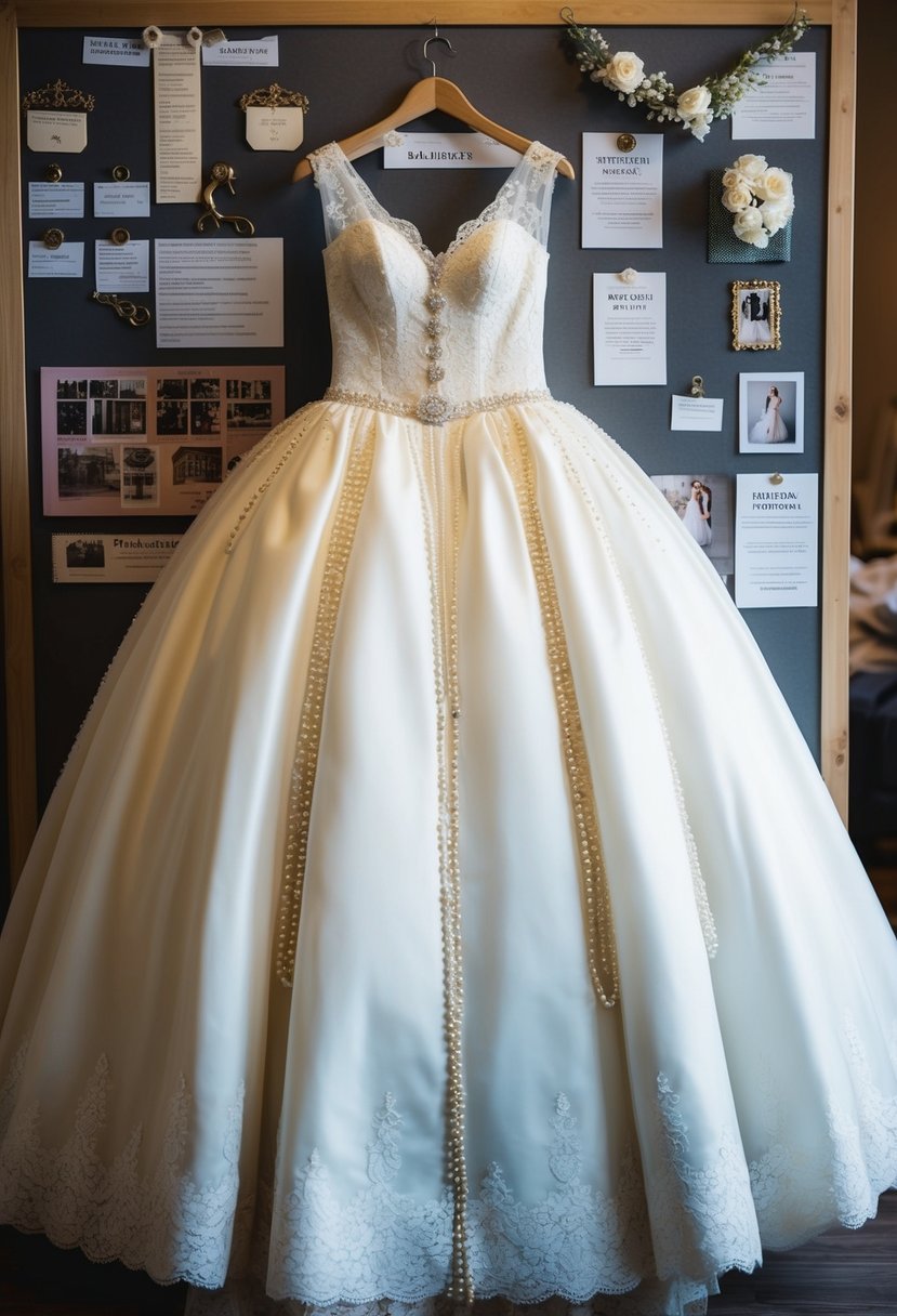 A vintage-inspired ballgown wedding dress displayed on a Pinterest board with lace, pearls, and intricate detailing