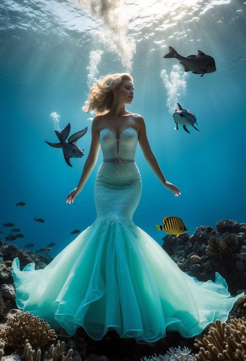 A mermaid silhouette wedding dress flowing underwater with coral and sea creatures