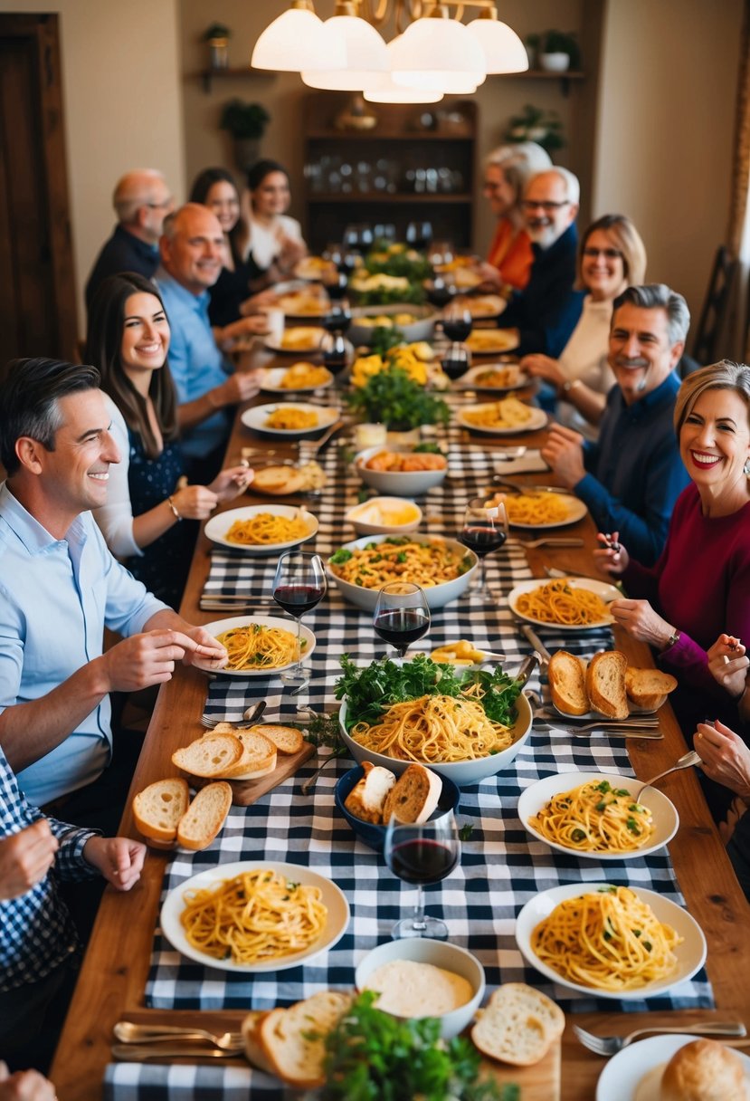 A long wooden table set with checkered tablecloth, overflowing with platters of pasta, bread, and wine. Laughter and conversation fill the air as family and friends gather for an Italian family-style dinner