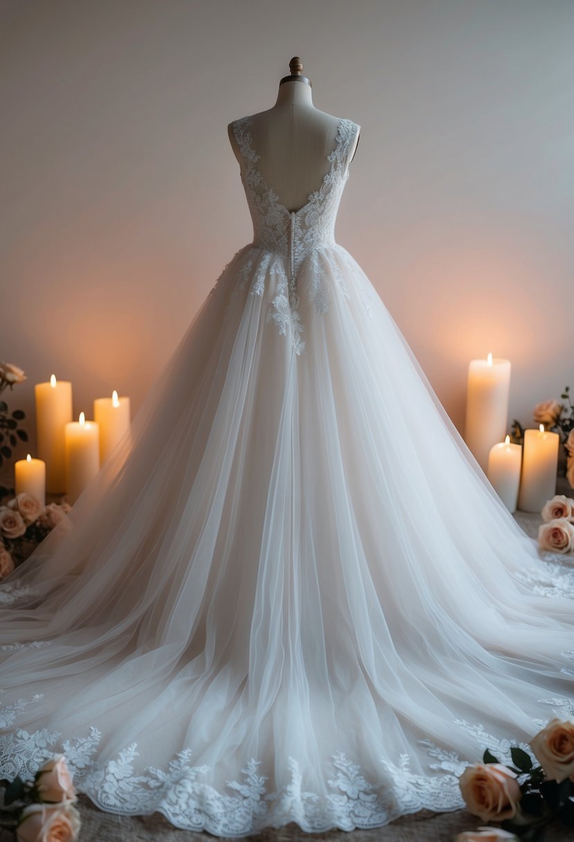 A flowing tulle skirt wedding dress with delicate lace details, surrounded by soft candlelight and blooming roses