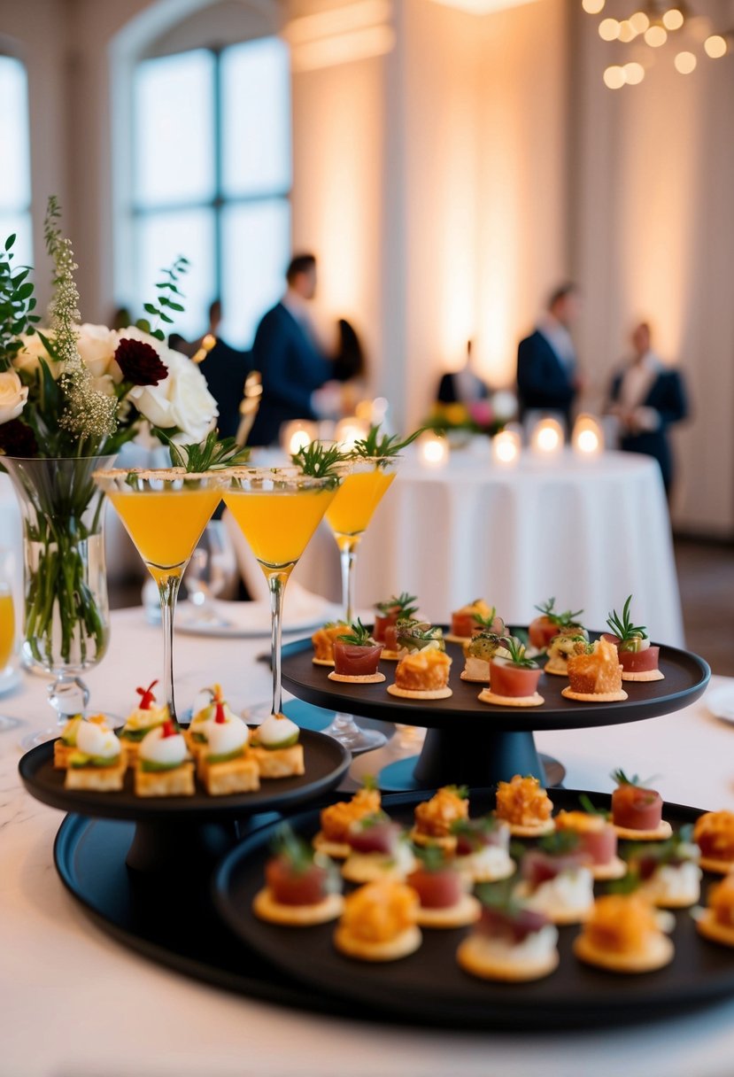 A stylish cocktail reception with elegant decor and ambient lighting, featuring a selection of gourmet appetizers and signature drinks