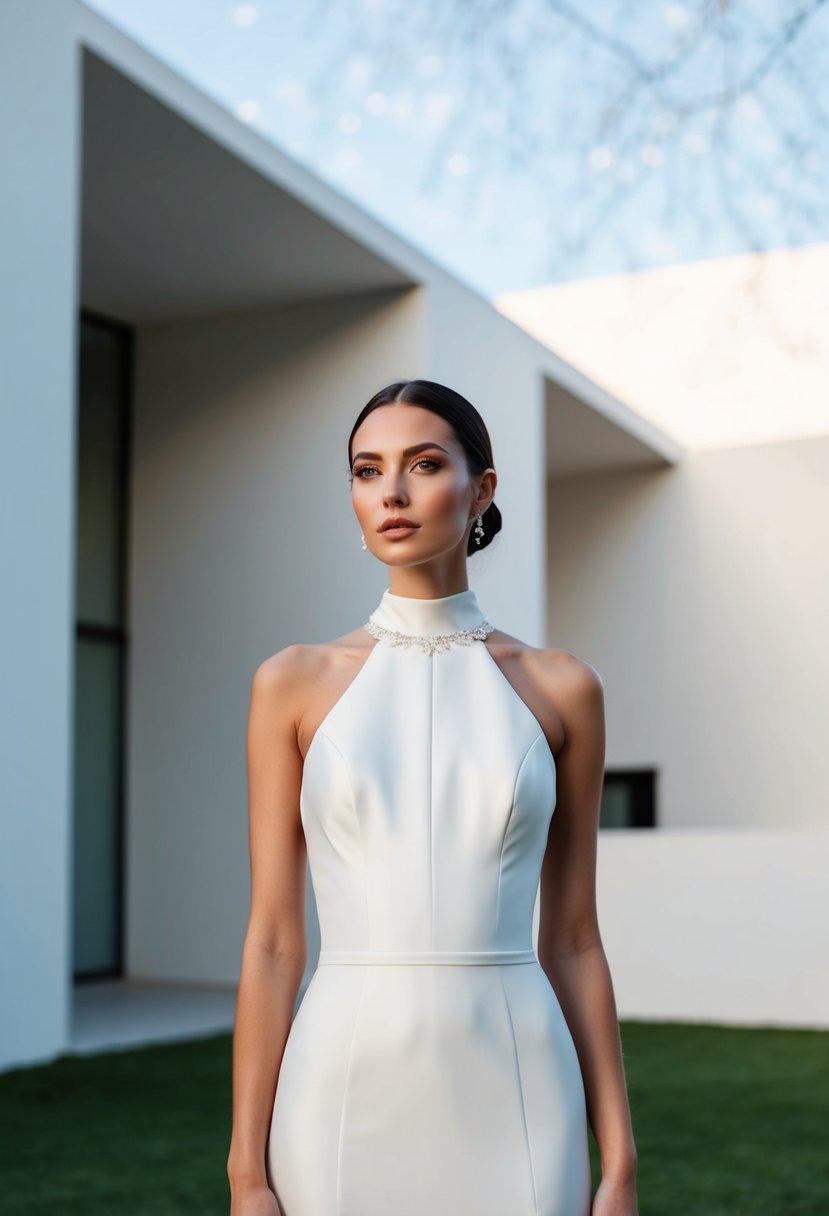 A sleek, clean-lined wedding gown with a high neckline and minimal embellishments, set against a backdrop of simple, modern architecture