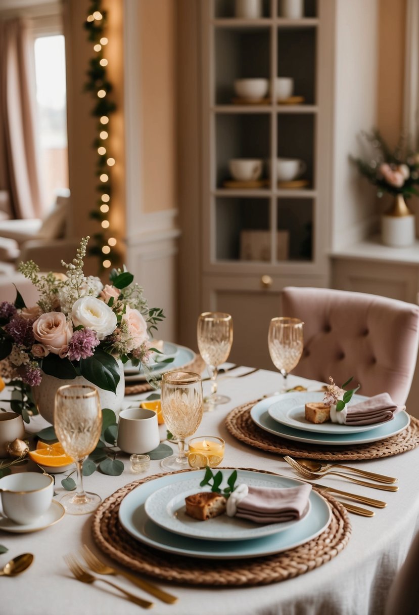 A table set with elegant brunch dishes and floral centerpieces in a warm, inviting space with soft lighting and cozy decor