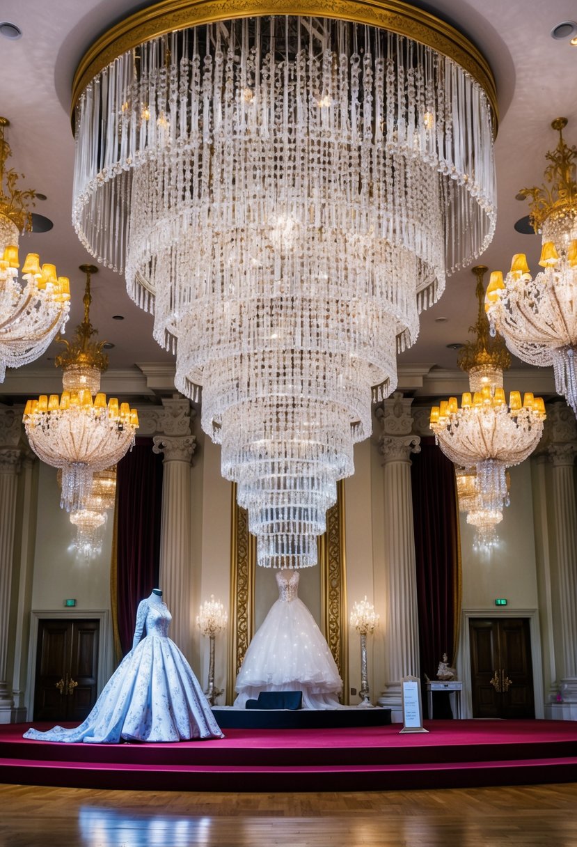 A grand ballroom with cascading crystal chandeliers, adorned with opulent gold and silver accents, and a regal ballgown on display