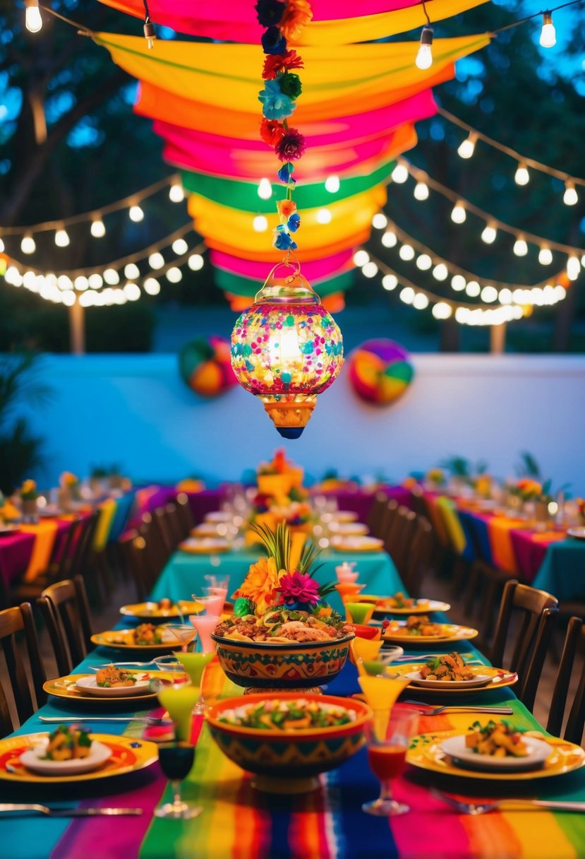 A colorful fiesta-themed micro-wedding dinner with vibrant decorations, festive table settings, and a variety of Mexican-inspired cuisine