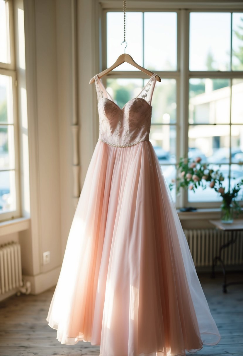 A blush pink wedding dress hanging on a vintage-style dress form in a sunlit bridal atelier