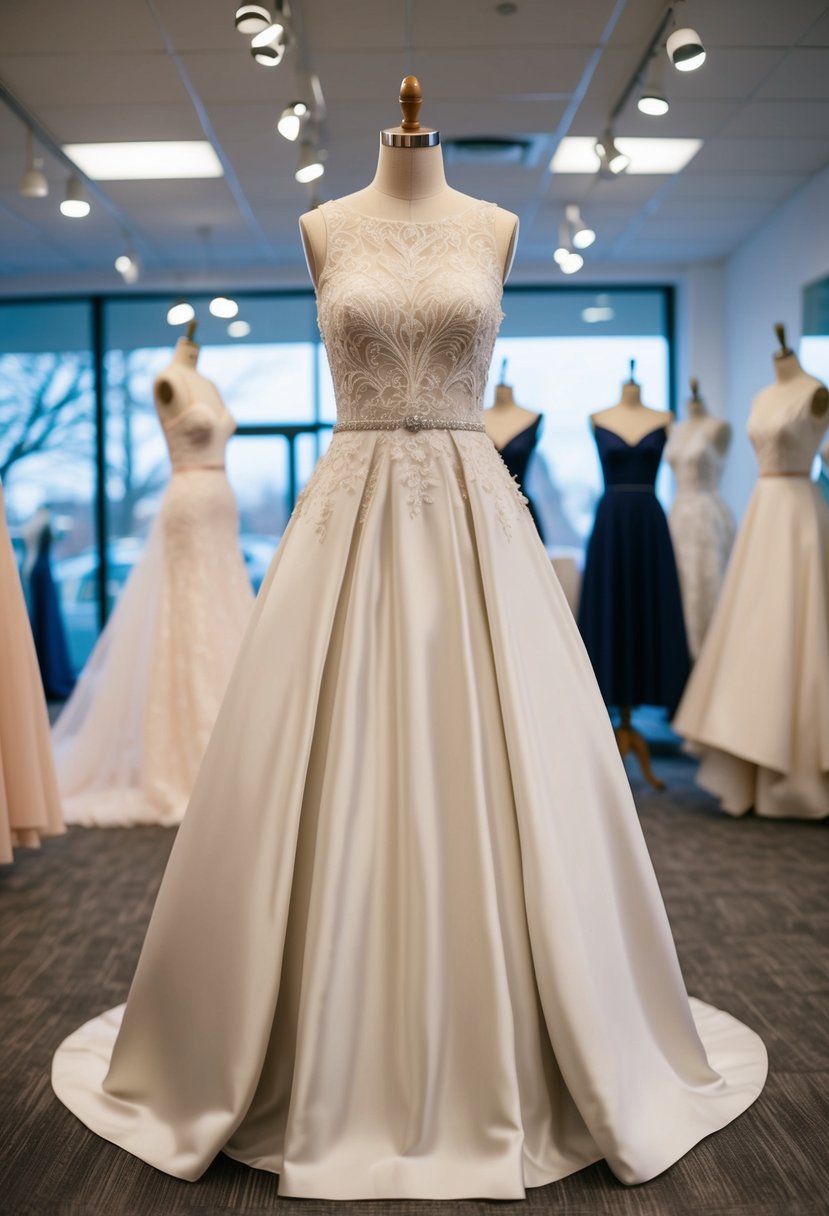 A sleeveless A-line gown displayed on a mannequin in a bridal boutique