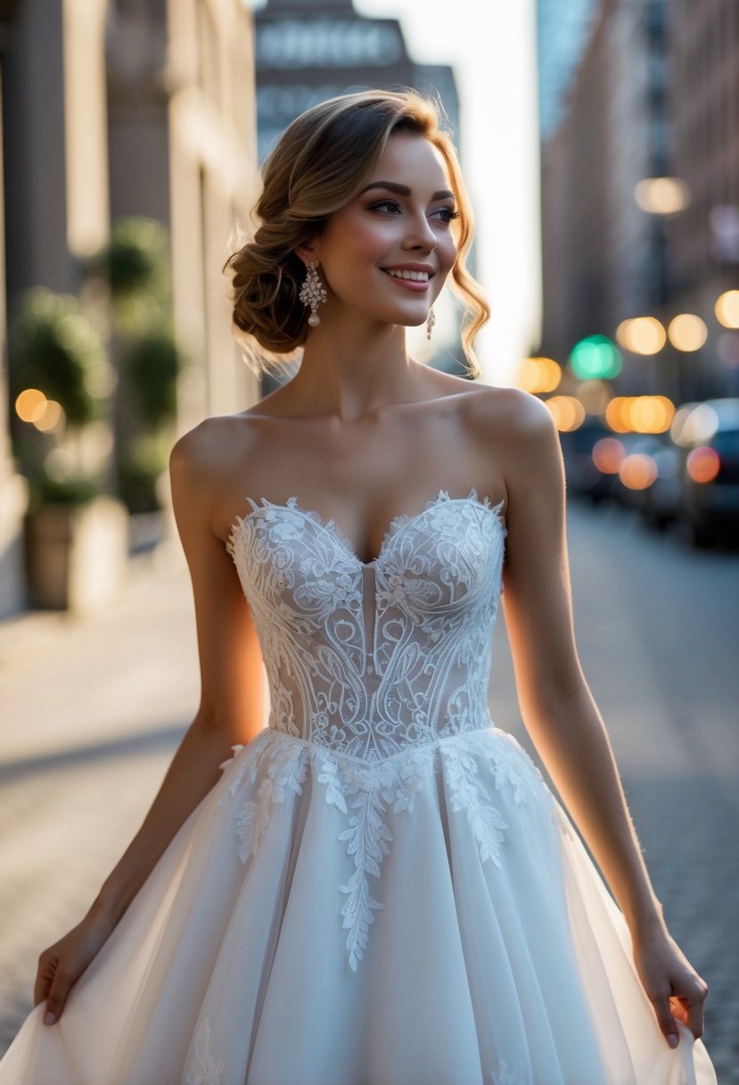 A sweetheart neckline dress with delicate lace details, flowing train, and a fitted bodice