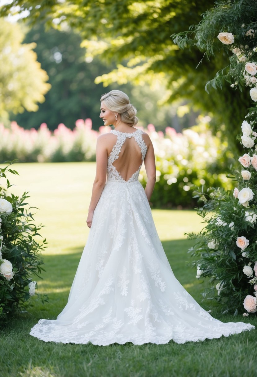 A bride stands in a backless lace gown, surrounded by lush greenery and blooming flowers, with a soft breeze gently lifting the fabric