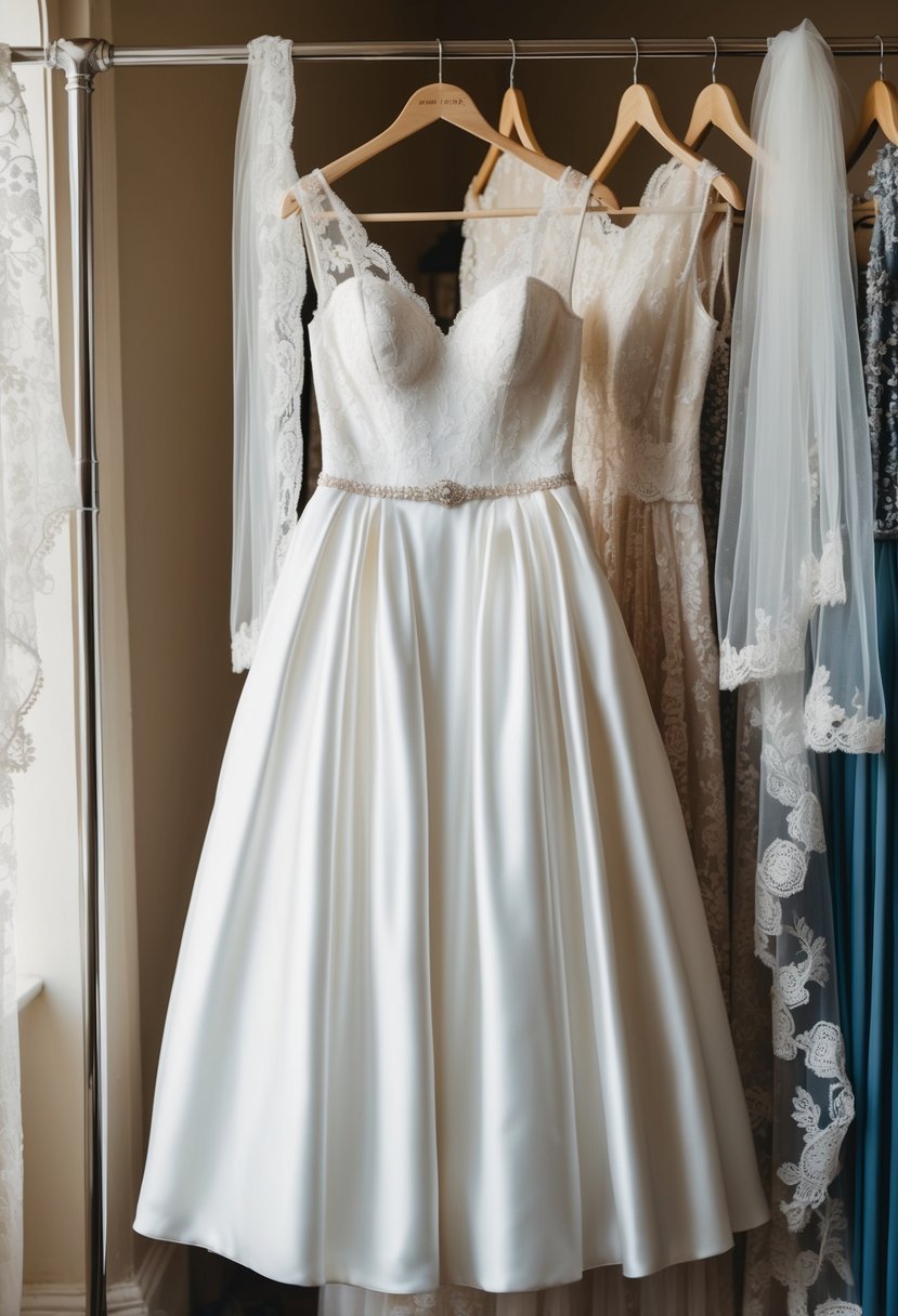 A drop-waist wedding dress hangs on a vintage clothing rack, surrounded by delicate lace veils and sparkling accessories