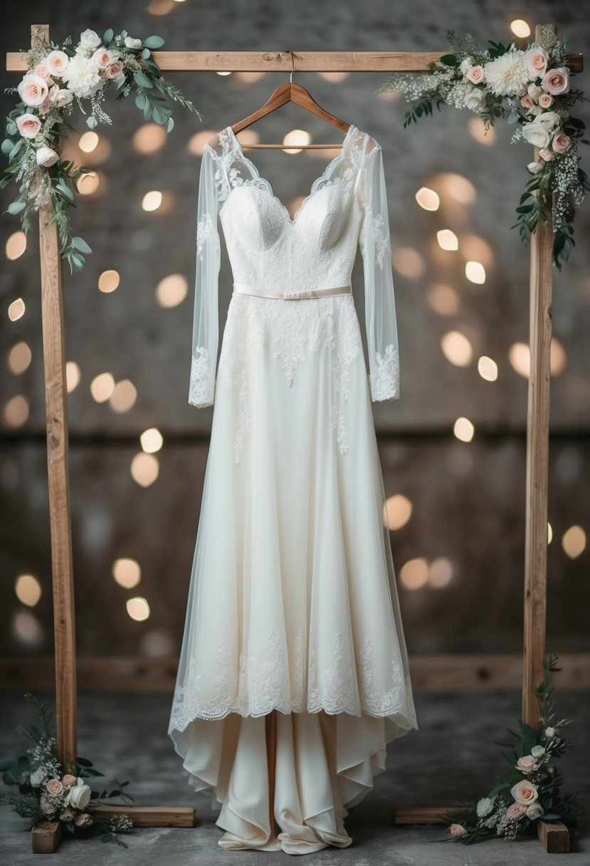 A long-sleeve vintage wedding dress hanging on a rustic wooden hanger, surrounded by delicate lace and floral details