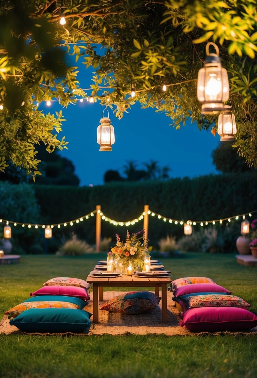 A bohemian-themed picnic dinner with low tables, colorful cushions, and lanterns set up in a lush garden under the stars