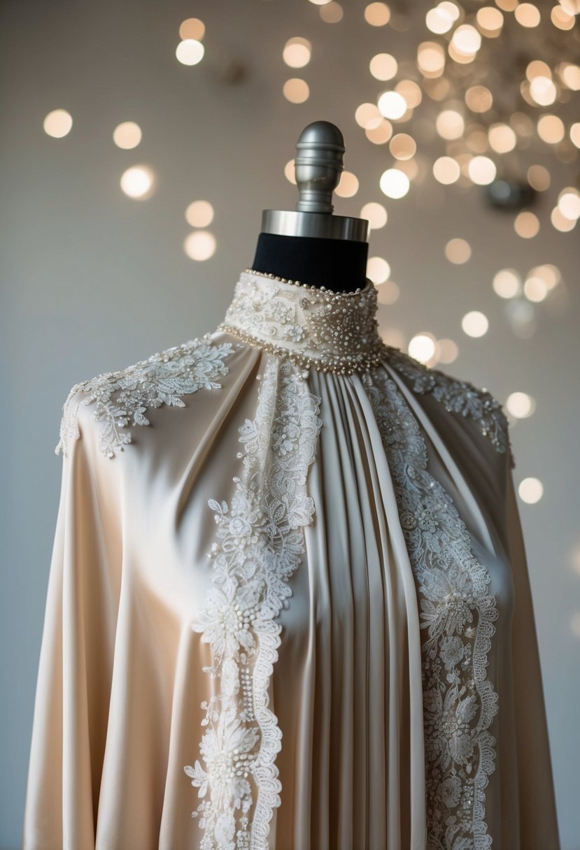 A flowing, high-neck silk gown drapes elegantly over a mannequin, adorned with delicate lace and intricate beadwork