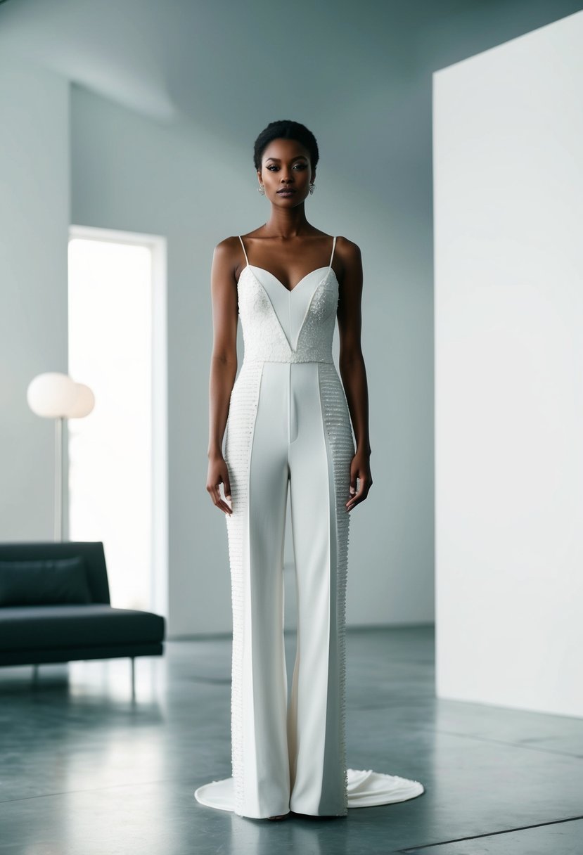 A bride wearing a jumpsuit wedding dress with unconventional design details, such as bold patterns or unique textures, standing in a modern and minimalist setting