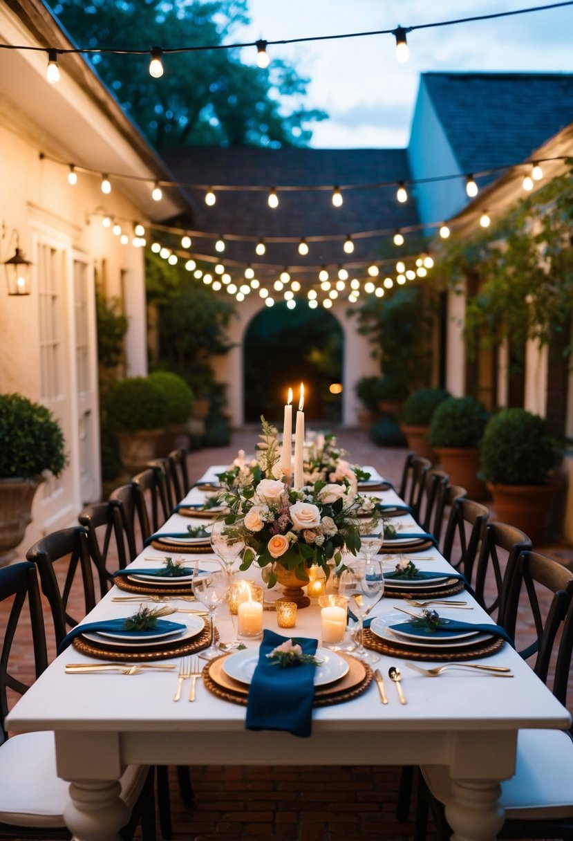 A cozy, candlelit dinner set in a charming Southern courtyard with string lights and a table adorned with elegant place settings and floral centerpieces